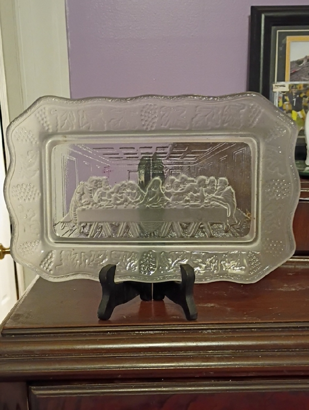 Pressed Glass Serving Tray with The Last Supper Motif - Clear